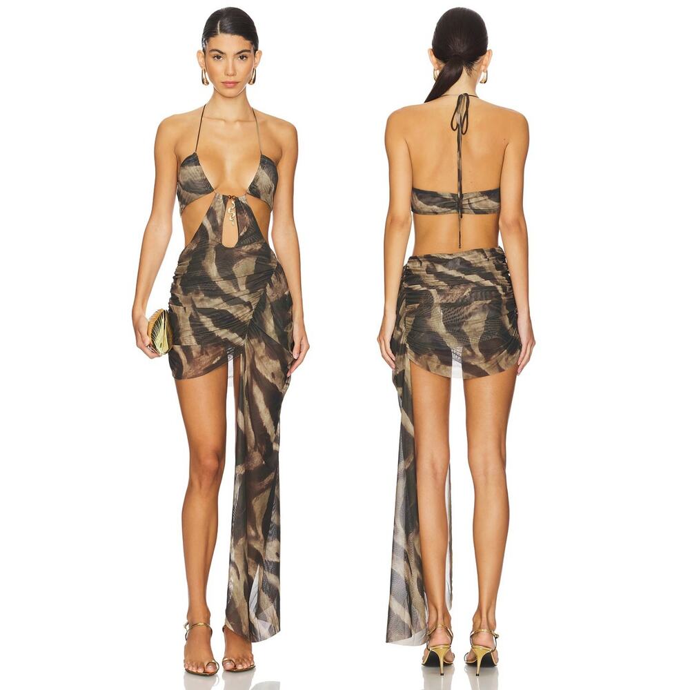 Jaded London Bruna Plunge Draped Charm Mini Dress Party Sexy Edgy Tan Sz 10